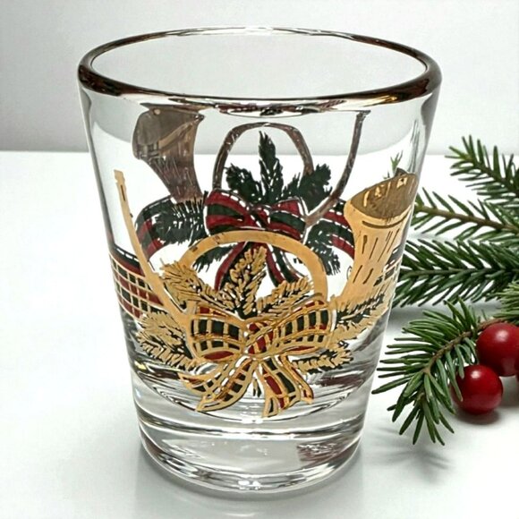 VTG Culver Christmas Shot Glass Yule French Horn 22K Gold MCM Plaid Bow Holiday - Picture 1 of 9